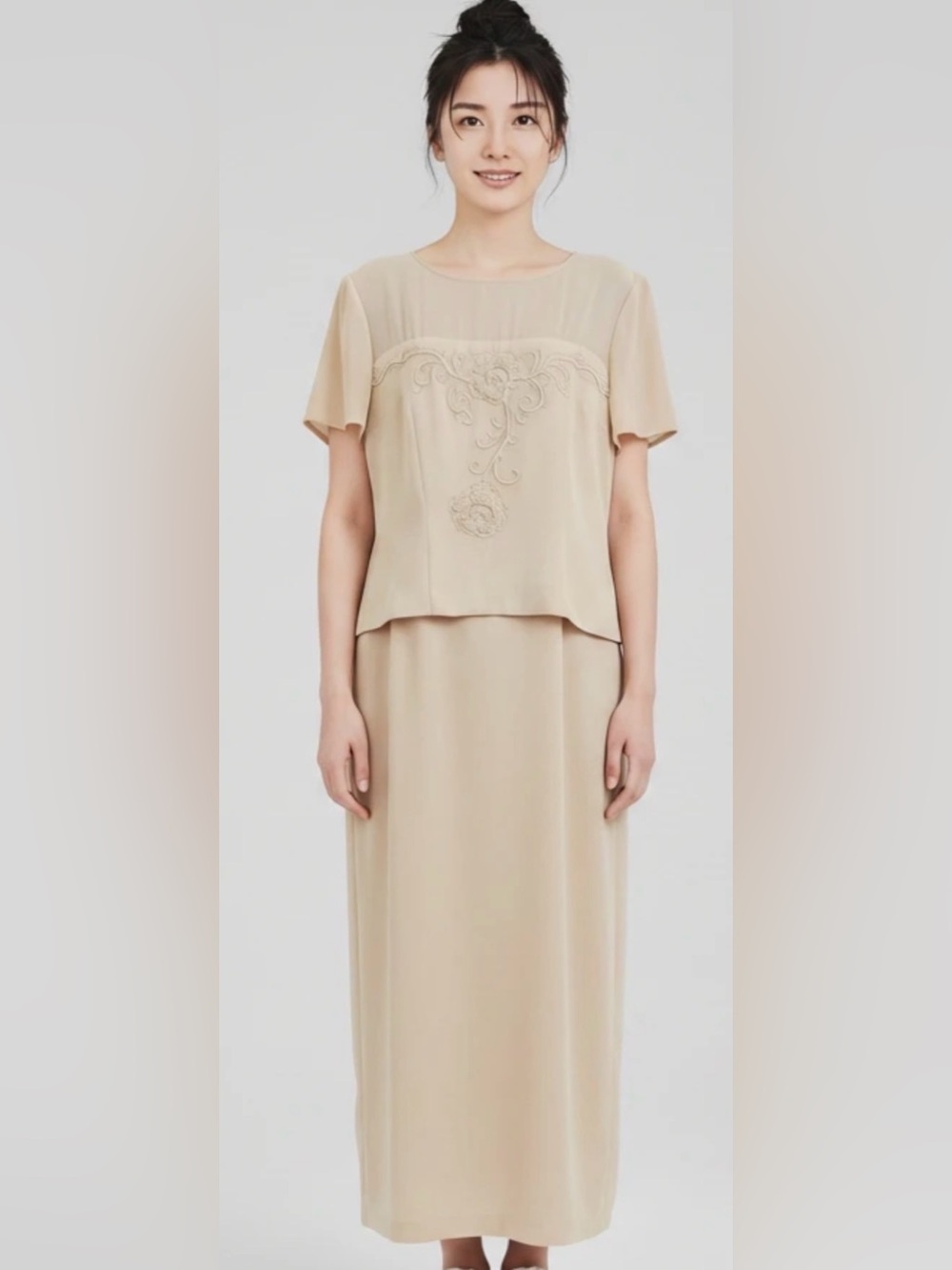 Donna Morgan Neutral Embroidered Maxi dress in Beige